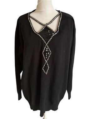 Bob Mackie Black sweater with Gold Script rhinestone collar size XL